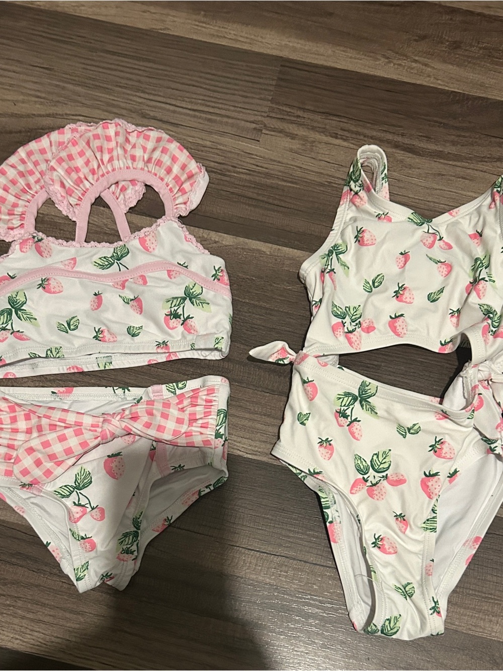 SweetHoney White and Pink Strawberry Print Kids Swim Bikinis